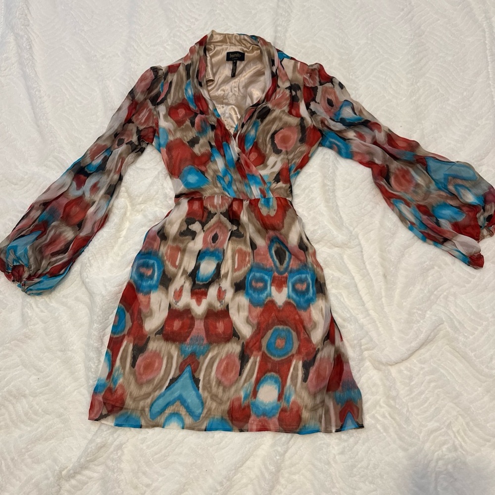 Laundry by Shelli Segal Silk Mod Ikat Wrap Balloon Sleeve Mini Dress Sz 10